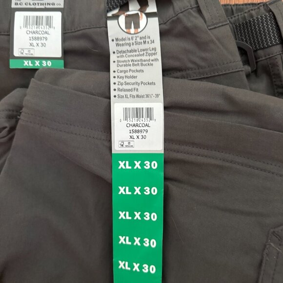 NWT BC Clothing Men's Convertible Pants / Shorts Charcoal, XL x 30 - Picture 3 of 8